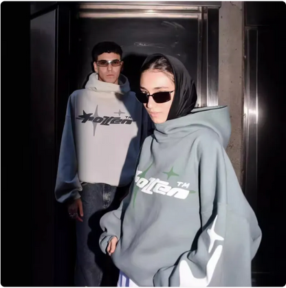 Loose-Fit Y2K Star Letter Printed Turtleneck Hoodie