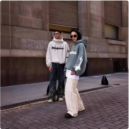 Loose-Fit Y2K Star Letter Printed Turtleneck Hoodie