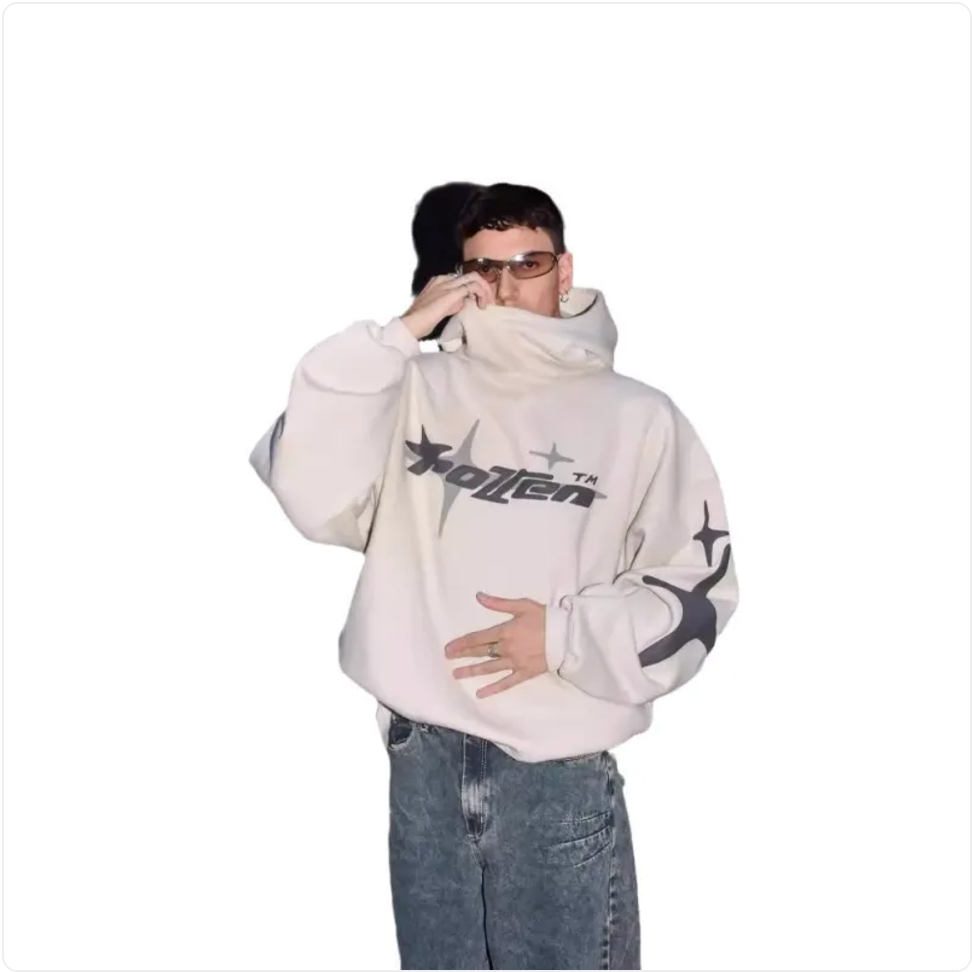 Loose-Fit Y2K Star Letter Printed Turtleneck Hoodie