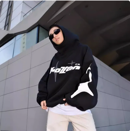 Loose-Fit Y2K Star Letter Printed Turtleneck Hoodie
